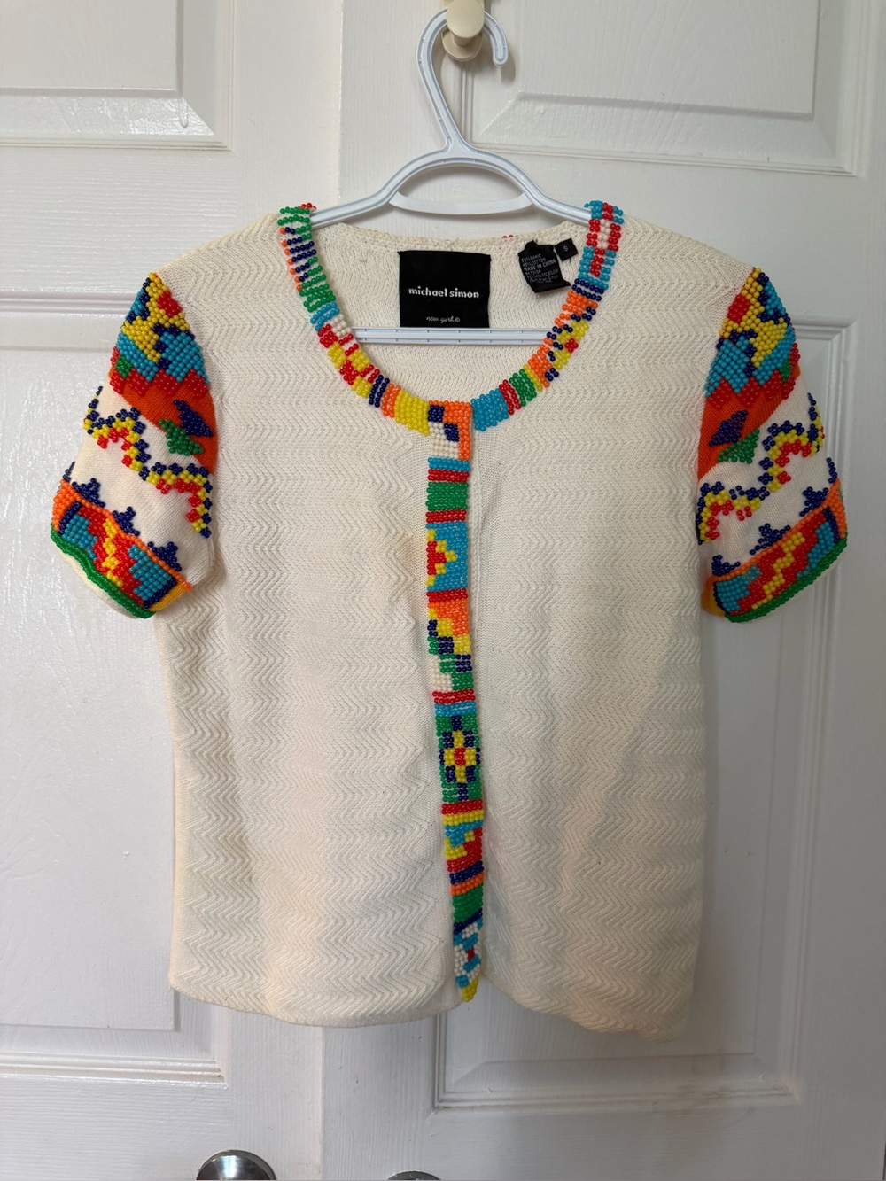 Michael Simon Cream Knit Top with Multicolor Beaded Trim